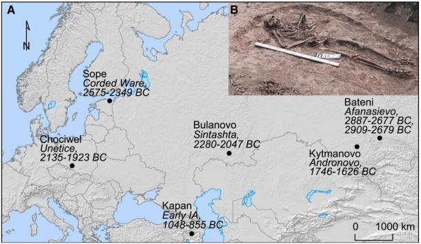 This map of Eurasia shows where and in which cultures the plague bacteria were found and dated the inset show a burial from the Bulanovo site