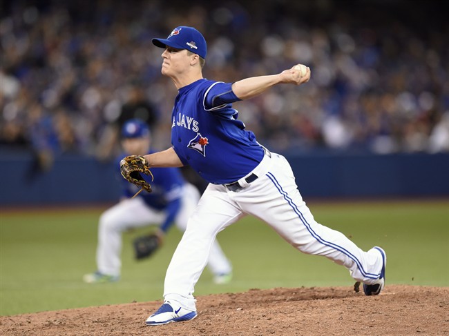 Toronto Blue Jays Aaron Loup works against the Texas Rangers during twelfth inning of game two American League Division Series baseball action in Toronto on Friday Oct. 9 2015. The Blue Jays bullpen is bare when it comes