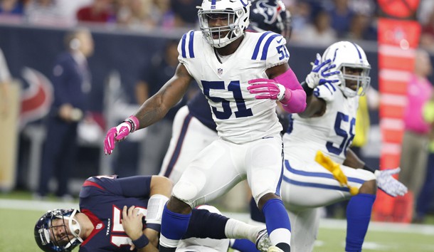 Oct 8 2015 Houston TX USA Indianapolis Colts linebacker Sio Moore is flaged for roughing the passer against Houston Texans quarterback Ryan Mallett at NRG Stadium. Mallett left the game injured after the play. Matthew Emmons-USA TODAY Sport