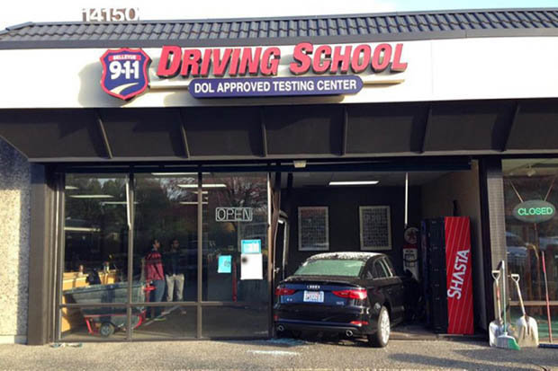 A crash into the front of the driving school