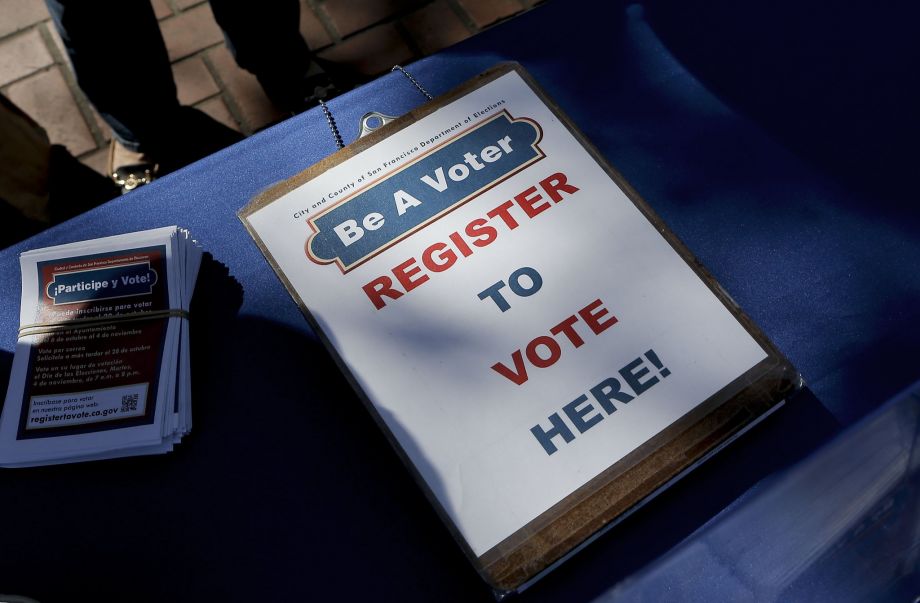 A display is set up in United Nations Plaza urging people to register to vote as seen on Tuesday Sept. 23 2014 in San Francisco Calif. The San Francisco Department of Elections holds a voter registration drive at UN Plaza during today's National Voter