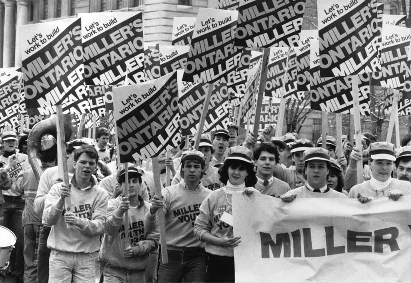 Jan. 25 1985. Toronto. Frank Miller supporters parade down University Ave. during the lead-up to the Ontario Progressive Conservative leadership convention