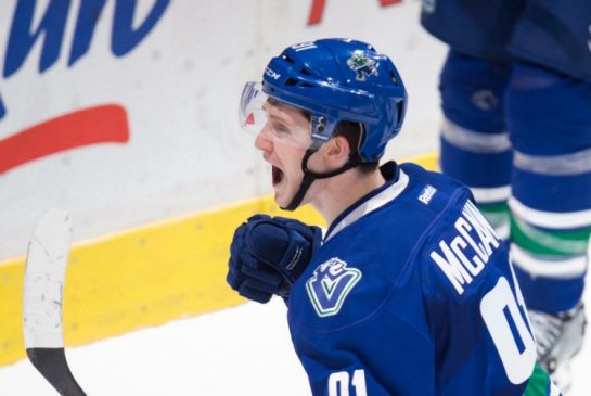 Vancouver Canucks rookie forward Jared Mc Cann celebrates his goal against the St. Louis Blues on Oct. 16 in Vancouver B.C