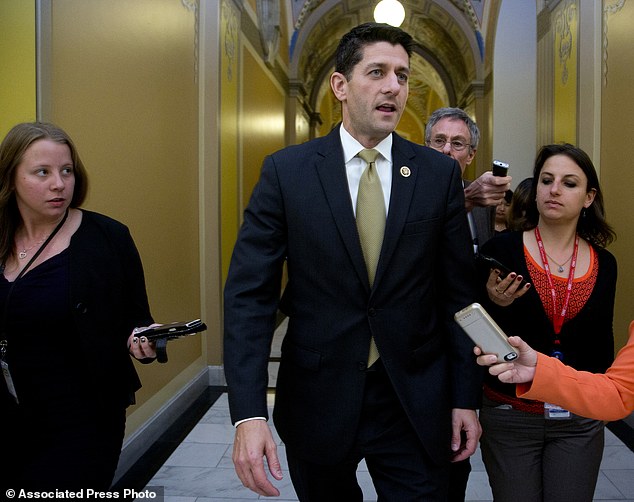 GOP Representative Paul Ryan speaks to reporters on Capitol Hill yesterday following meetings with House Republican leaders and the Freedom Caucus members. Ryan seeking unity in a place it's rarely found is telling House Republicans he will serve as thei