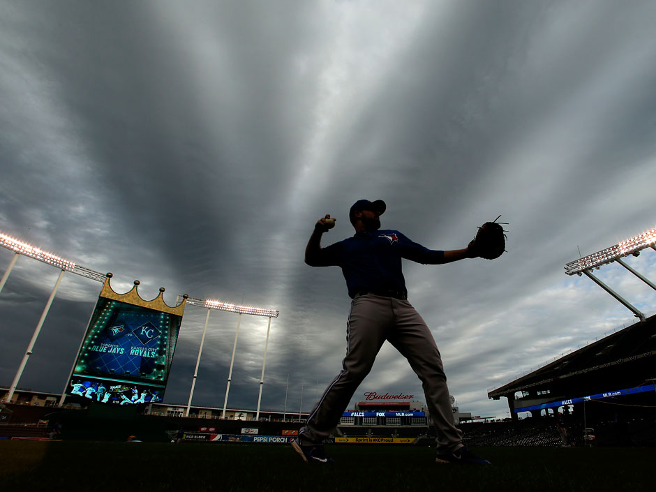 Toronto Blue Jays workout during baseball practice Thursday Oct. 15 2015 in Kansas City Mo. Don't expect all the extra spending by exuberant Jays fans to lift the economy at all say economists