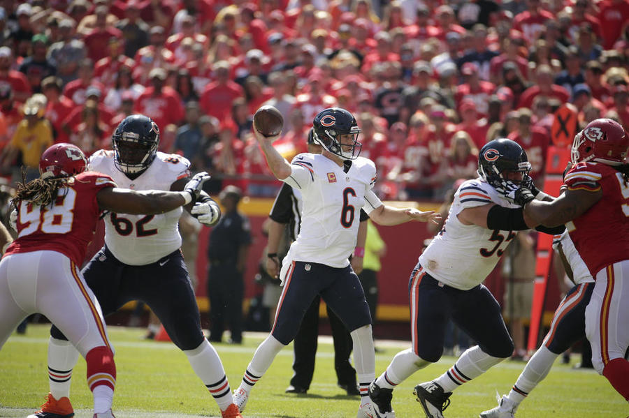 Chicago Bears quarterback Jay Cutler throws during the first half of an NFL football game against the Kansas City Chiefs in Kansas City Mo. Sunday Oct. 11 2015