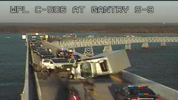 Chesapeake Bay Bridge's eastbound lanes closed; truck flipped on its side