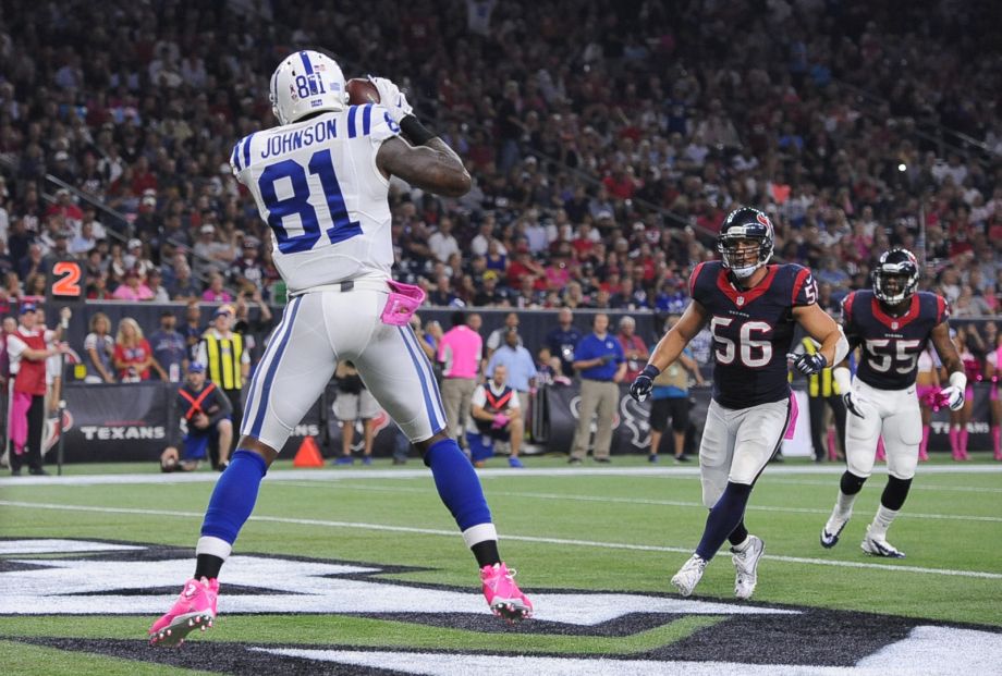 Indianapolis Colts Andre Johnson catches a pass for a touchdown against the Houston Texans during the first half of an NFL football game Thursday Oct. 8 2015 in Houston. ORG XMIT TXEG118