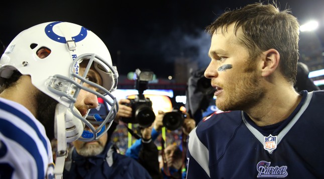 FOXBORO MA- JANUARY 11 Tom Brady #12 of the New England Patriots shakes hands with Andrew Luck #12 of the Indianapolis Colts after their AFC Divisional Playoff game at Gillette Stadium