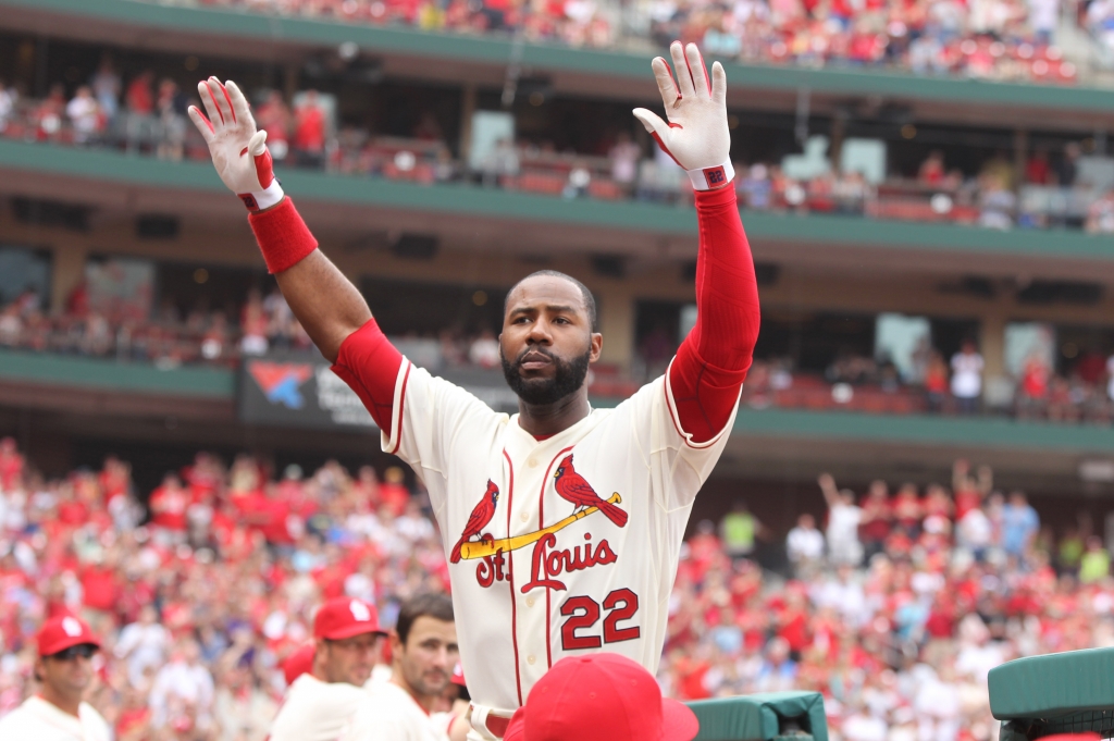 St. Louis Cardinals Jason Heyward acknowledges the crowd after hitting a solo home run in the third inning against the Cincinnati Reds at Busch Stadium in St. Louis