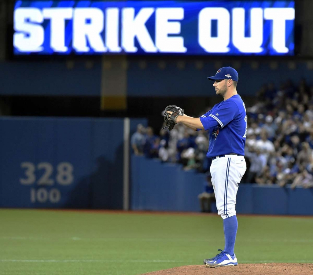 Toronto Blue Jays&#039 starting pitcher Marco Estrada stands on the mound after striking out Kansas City Royals&#039 Kendrys Morales during the eighth inning in Game 5 of baseball's American League Championship Series on Wednesday Oct. 21 2015