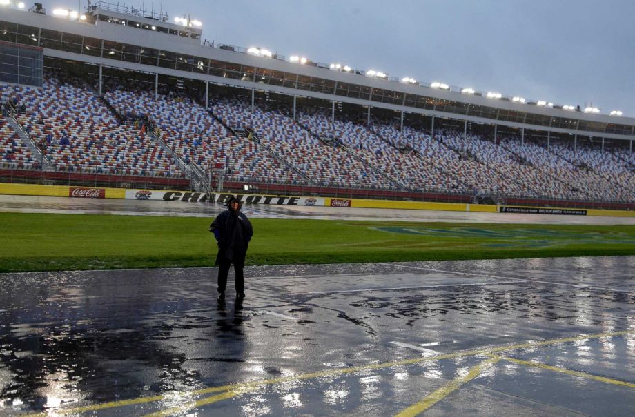 Saturday night's Sprint Cup race was postponed until Sunday after rain took its toll on the track at Charlotte Motor Speedway in Concord N.C