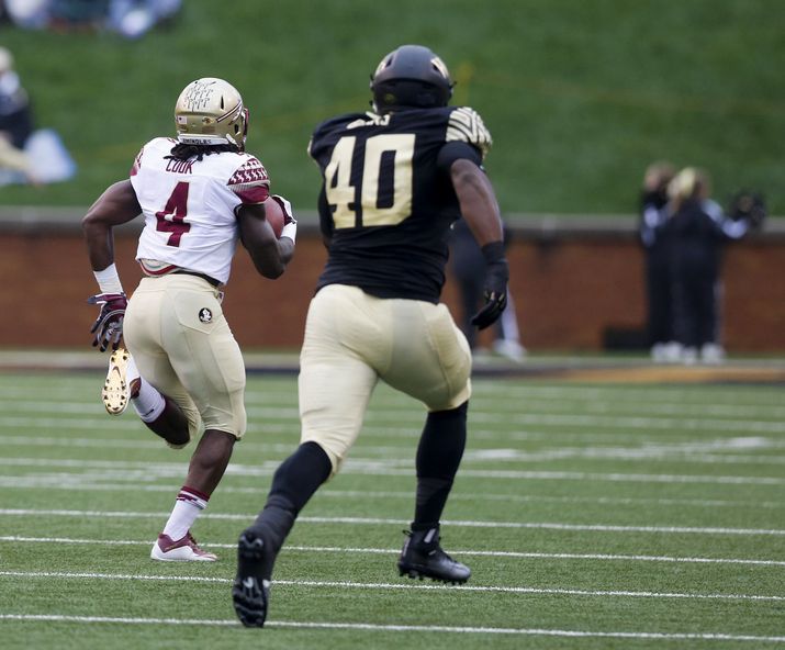 Dalvin Cook who pulled a hamstring following this 94-yard TD run against Wake Forest Saturday returned to practice Thursday