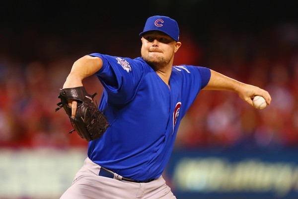 Jon Lester #34 of the Chicago Cubs throws a pitch in the fifth inning against the St. Louis Cardinals during game one of the National League Division Series at Busch Stadium