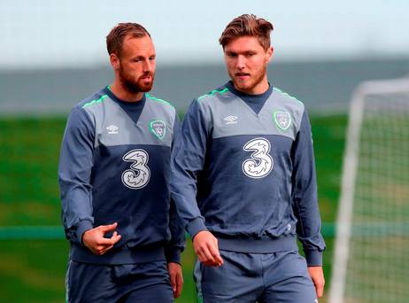 David Meyler and Jeff Hendrick in conversation during training at Abbotstown yesterday