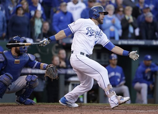 Kansas City Royals Alex Gordon hits an RBI double against the Toronto Blue Jays during the seventh inning in Game 2 of baseball's American League Championship Series against the Toronto Blue Jays on Saturday Oct. 17 2015 in Kansas City Mo. (AP