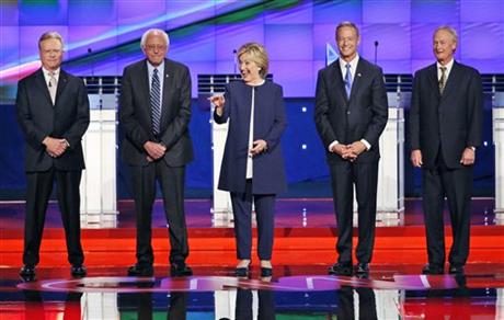 Democratic presidential candidates from left former Virginia Sen. Jim Webb Sen. Bernie Sanders of Vermont Hillary Rodham Clinton former Maryland Gov. Martin O'Malley and former Rhode Island Gov. Lincoln Chafee take the stage before the CNN Demo