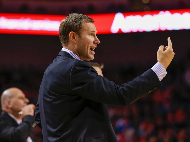 Chicago Bulls coach Fred Hoiberg calls instructions during the second half of an NBA preseason basketball game against the Dallas Mavericks in Lincoln Neb. Friday Oct. 23 2015. Chicago Bulls Derrick Rose goes for a layup