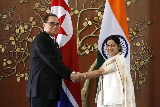 Indian Foreign Minister Sushma Swaraj right shakes hands with North Korea's Foreign Minister Ri Su Yong in New Delhi India. Ties are warming between New Delhi and Pyongyang with mineral-h