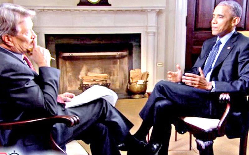 President Barack Obama being interviewed on CBS's “60 Minutes” by correspondent Steve Kroft