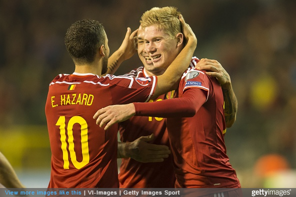 Eden Hazard Radja Nainggolan and Kevin de Bruyne during the UEFA EURO 2016 group B qualifying match against Israel