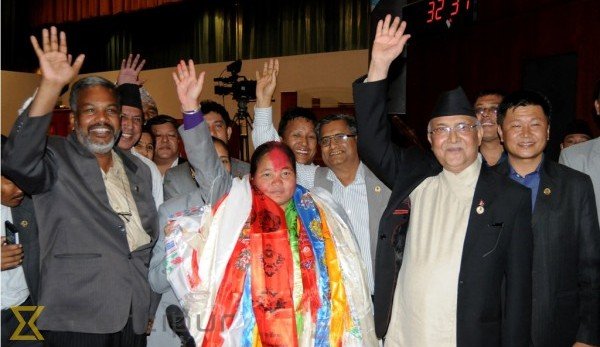 Newly elected House Speaker Onsari Gharti Magar waves to media and well-wishers after her unopposed nomination to the post at Legislature Parliament building in New Baneshwor Kathmandu on Friday