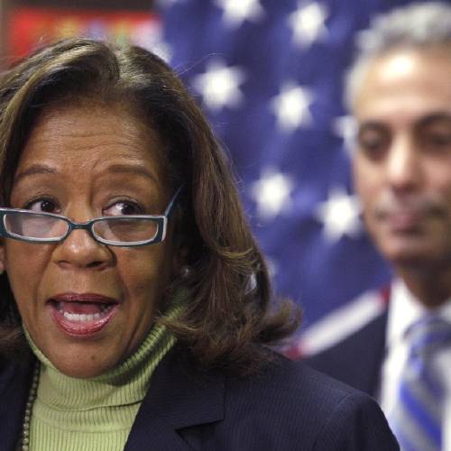 Chicago Public Schools CEO Barbara Byrd Bennett speaks at a news conference as Mayor Rahm Emanuel background listens in Chicago. The former CEO has been indicted on corruption charges following a federal