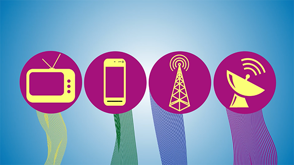 Graphic showing uses of government licensed wireless spectrum include broadcast television stations mobile phones radios and satelites