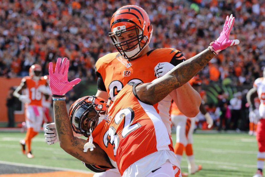 Cincinnati Bengals running back Jeremy Hill reacts after scoring a touchdown in the second half of an NFL football game against the Kansas City Chiefs Sunday Oct. 4 2015 in Cincinnati