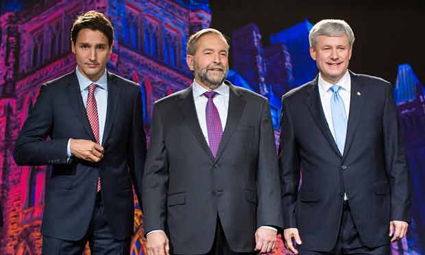 The candidates from left Justin Trudeau the Liberal Party of Canada Thomas ‘Tom’ Mulcair the New Democratic Party and Conservative leader Stephen Harper during a debate in September