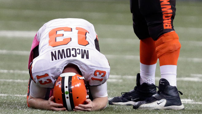 Cleveland Browns quarterback Josh Mc Cown reacts after throwing an incomplete pass during the fourth quarter of an NFL football game against the St. Louis Rams Sunday Oct. 25 2015 in St. Louis