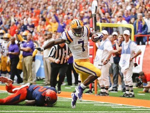 LSU running back Leonard Fournette gets past Syracuse cornerback Wayne Morgan for a touchdown in the first half of an NCAA college football game in Syracuse N.Y. It might be the matchup of the season L