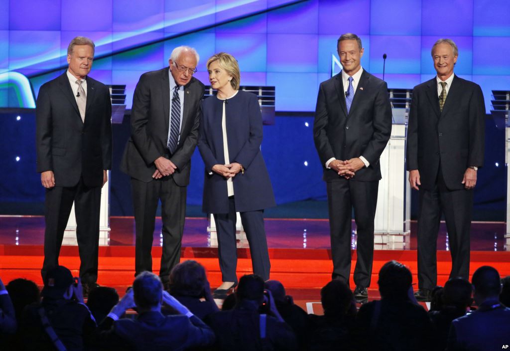 Democratic presidential candidates from left former Virginia Sen. Jim Webb Sen. Bernie Sanders of Vermont former Secretary of State Hillary Clinton former Maryland Gov. Martin O'Malley and former Rhode Island Gov. Lincoln Chafee take the stage