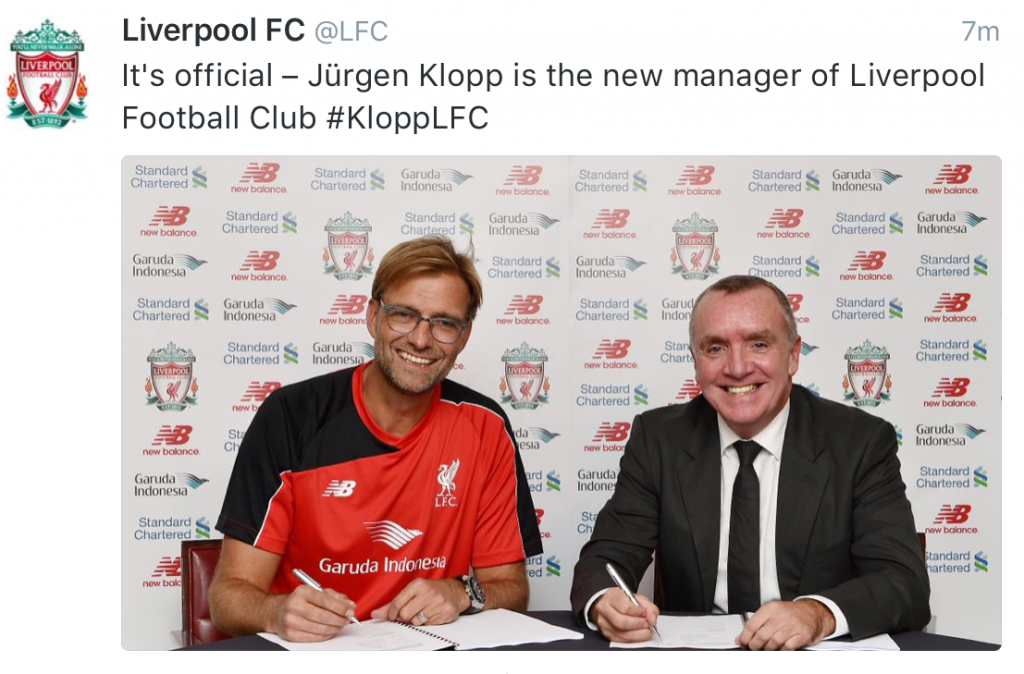 How Liverpool FC announced the news of Jurgen Klopp's arrival as he sits alongside Chief Executive Ian Ayre. Screengrab