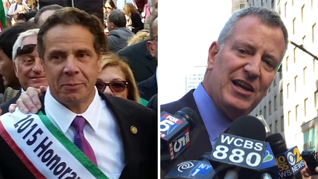 Gov. Andrew Cuomo and Mayor Bill de Blasio appear at the Columbus Day Parade on Oct. 12 2015