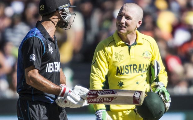 Grant Elliott and Brad Haddin exchange words during the World Cup final in Melbourne