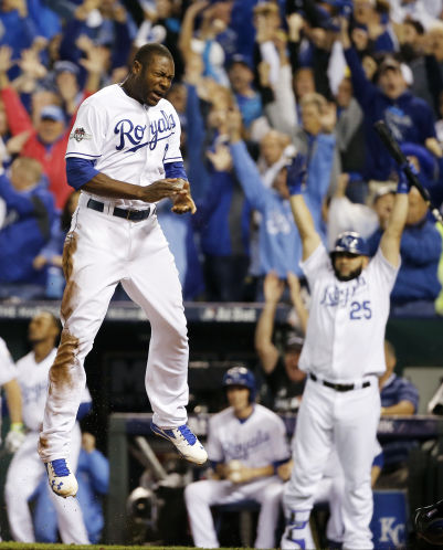 The Royals&#8217 Lorenzo Cain bounces up after scoring the eventual winner Friday dashing from first base on Eric Hosmer’s single to rightfield