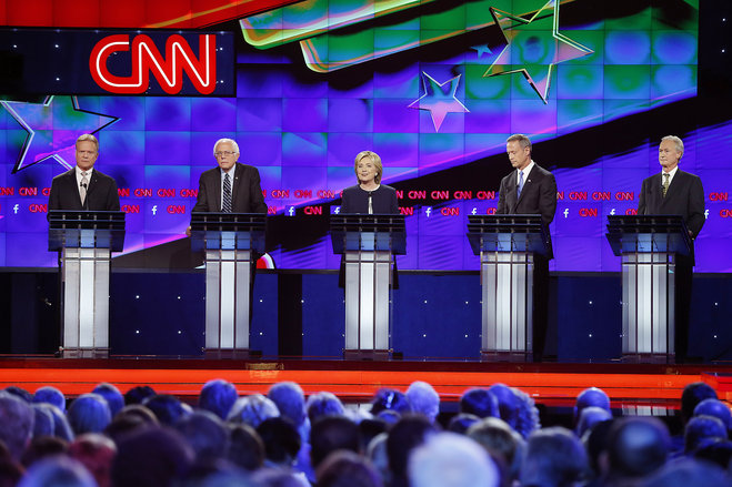 Democratic presidential candidates from left former Virginia Sen. Jim Webb Sen. Bernie Sanders of Vermont Hillary Rodham Clinton former Maryland Gov. Martin O'Malley and former Rhode Island Gov. Lincoln Chafee take the stage before the CNN Democrati