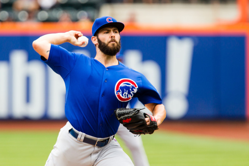 Chicago Cubs Starting pitcher Jake Arrieta  during a MLB National League game between the Chicago Cubs and the New York Mets at Citi Field in Flushing NY. The Chicago Cubs swept the NY Mets winning the 3rd game of a 3 game stand