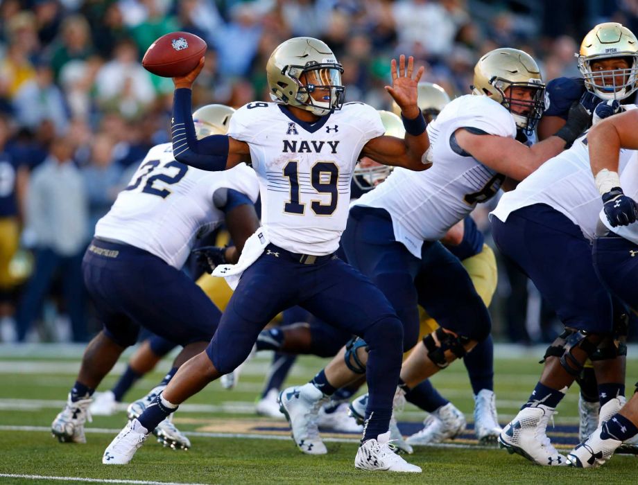 Navy quarterback Keenan Reynolds throws a pass against Notre Dame during the second half of an NCAA college football game Saturday Oct. 10 2015 in South Bend Ind. Notre Dame won the game 41-24