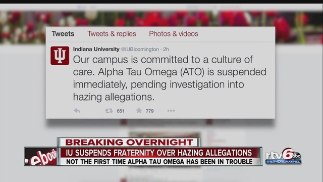 Indiana University suspended a fraternity this week after a graphic video of an alleged hazing incident surfaced.                      WRTV