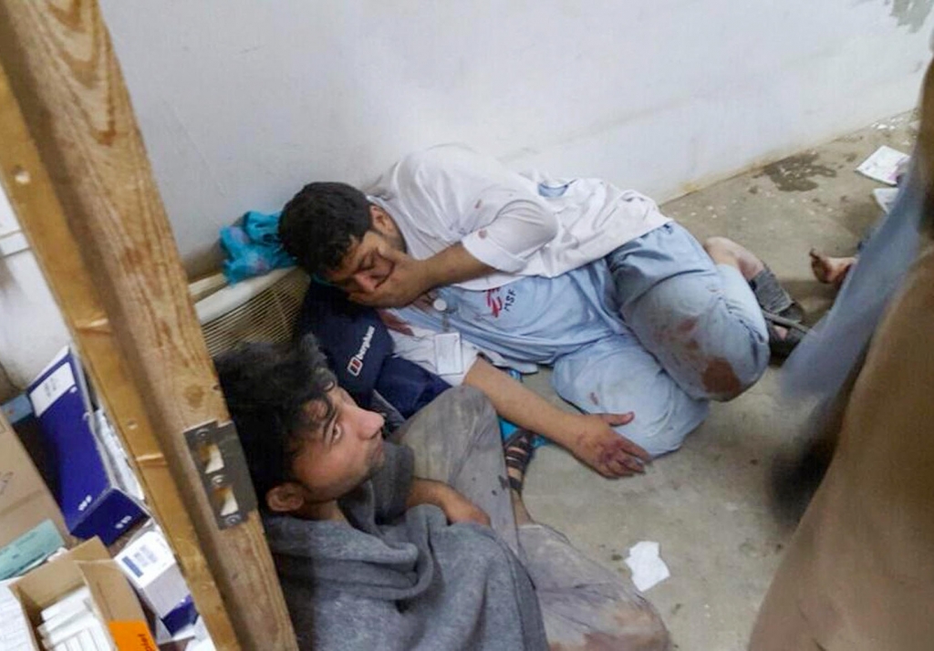 Injured staff members of Doctors Without Borders staff find shelter in a safe room after the bombing raid hit their hospital in Kunduz