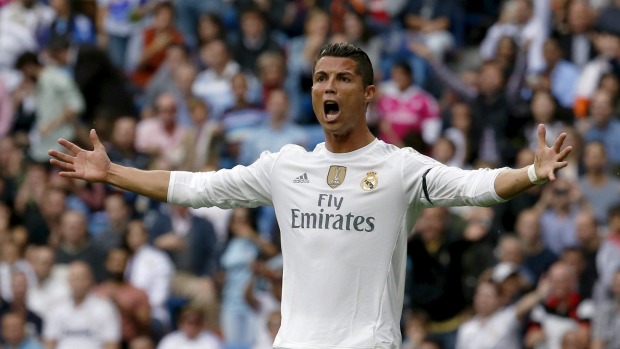 Cristiano Ronaldo reacts with jubilation after scoring his 324th goal for Real Madrid a club record against Levante