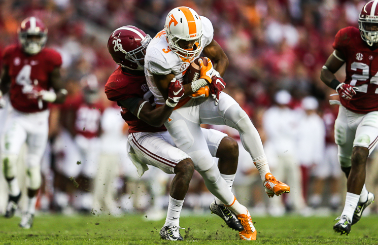 KNOXVILLE,TN- OCTOBER 24 2015- wide receiver Josh Malone #3 of the Tennessee Volunteers during the game between the Alabama Crimson Tide and the Tennessee Volunteers at Bryant Denny Stadium in Tuscaloosa AL