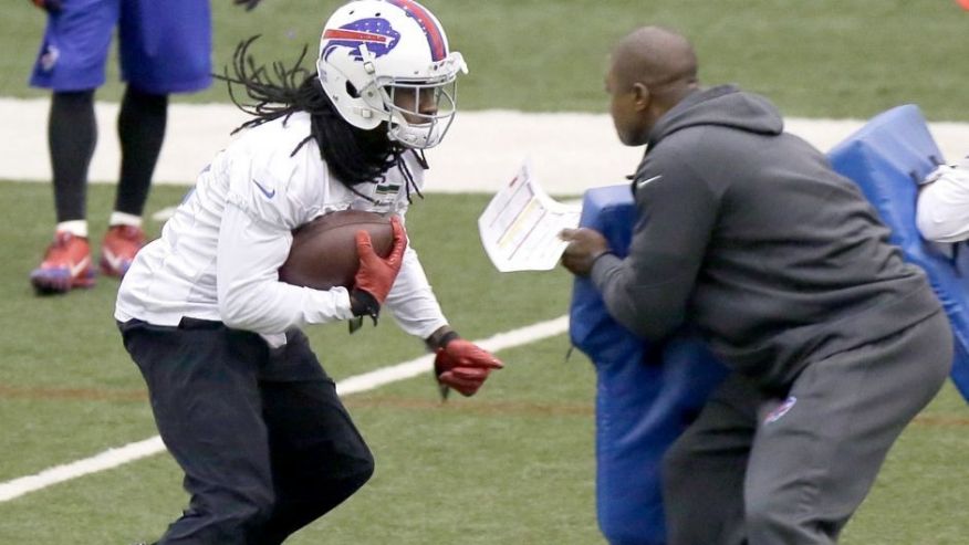 Buffalo Bills wide receiver Sammy Watkins left runs a drill during practice at the Detroit Lions&#x27 indoor NFL football training facility in Allen Park Mich. Saturday Nov. 22 2014. The Bills are using the facility in preparation for Monday's