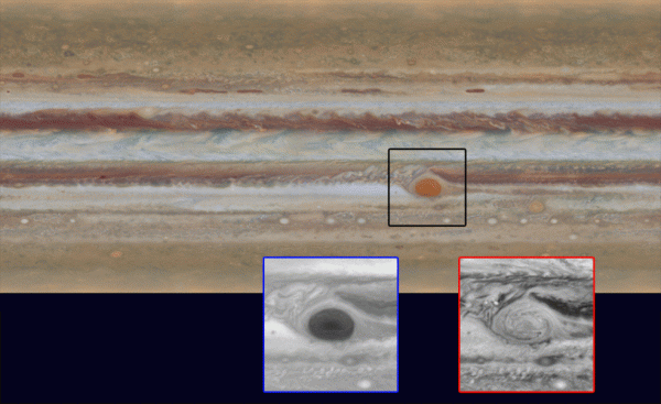 The movement of Jupiter’s clouds can be seen by comparing the first map to the second one. Zooming in on the Great Red Spot at blue and red wavelengths reveals a unique filamentary feature not previously seen. Image credit NASA  ESA  Godda