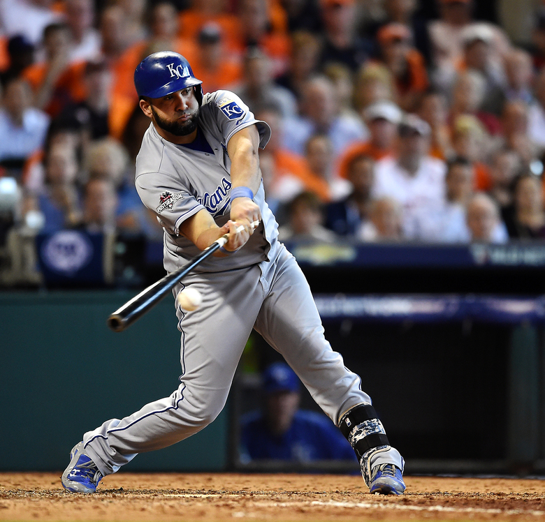 Kansas City DH Kendrys Morales makes contact during the eighth inning of Monday’s victory in Houston