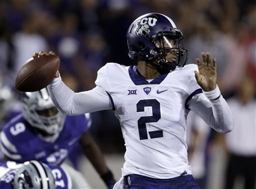 TCU quarterback Trevone Boykin passes to a teammate during the first half of an NCAA college football game against Kansas State in Manhattan Kan. Saturday Oct. 10 2015