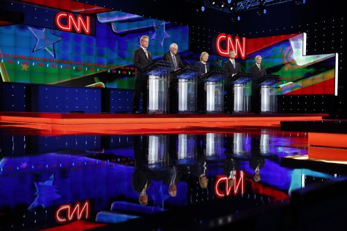 Democratic presidential candidates from left former Virginia Sen. Jim Webb Sen. Bernie Sanders of Vermont Hillary Rodham Clinton former Maryland Gov. Martin O'Malley and former Rhode Island Gov. Lincoln Chafee stand on stage during the CNN Democrati