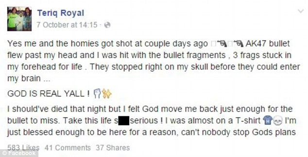 Later the rapper posted an update on his Facebook page saying that the bullets stopped before they could enter his brain